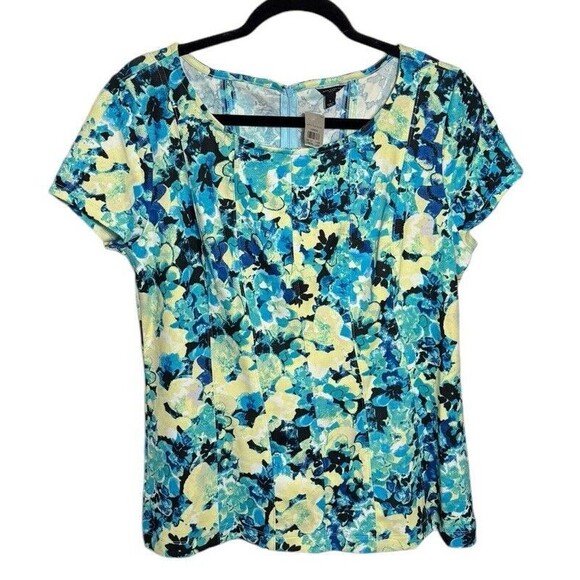 Ann‎ Taylor Turquoise Floral Cap Sleeve Top Size Large - Picture 1 of 4